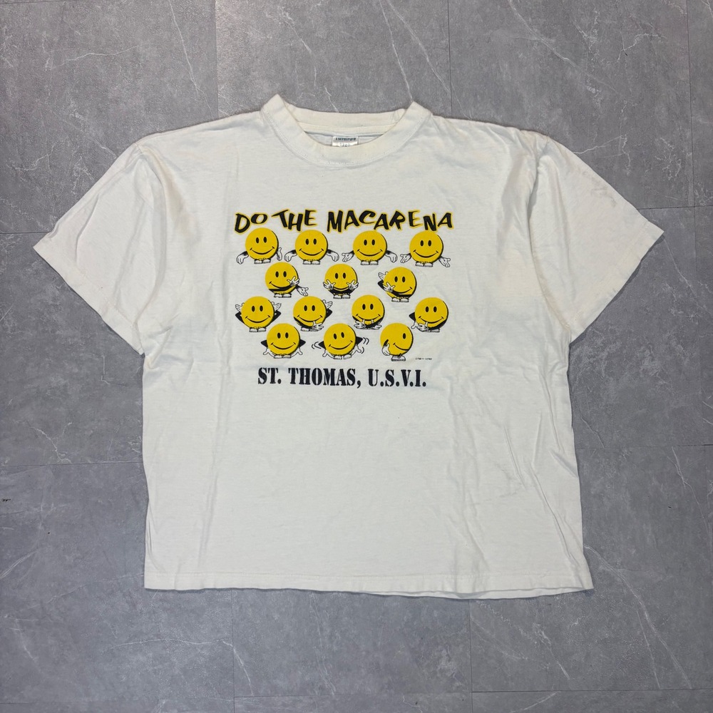 Vintage 90s Do The Macarena Smiley Face St Thomas USVI Graphic T-Shirt White L